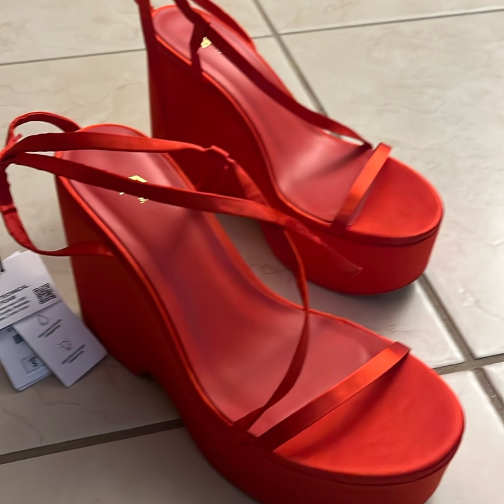 Zara Red Satin Platform Shoes Size 37M